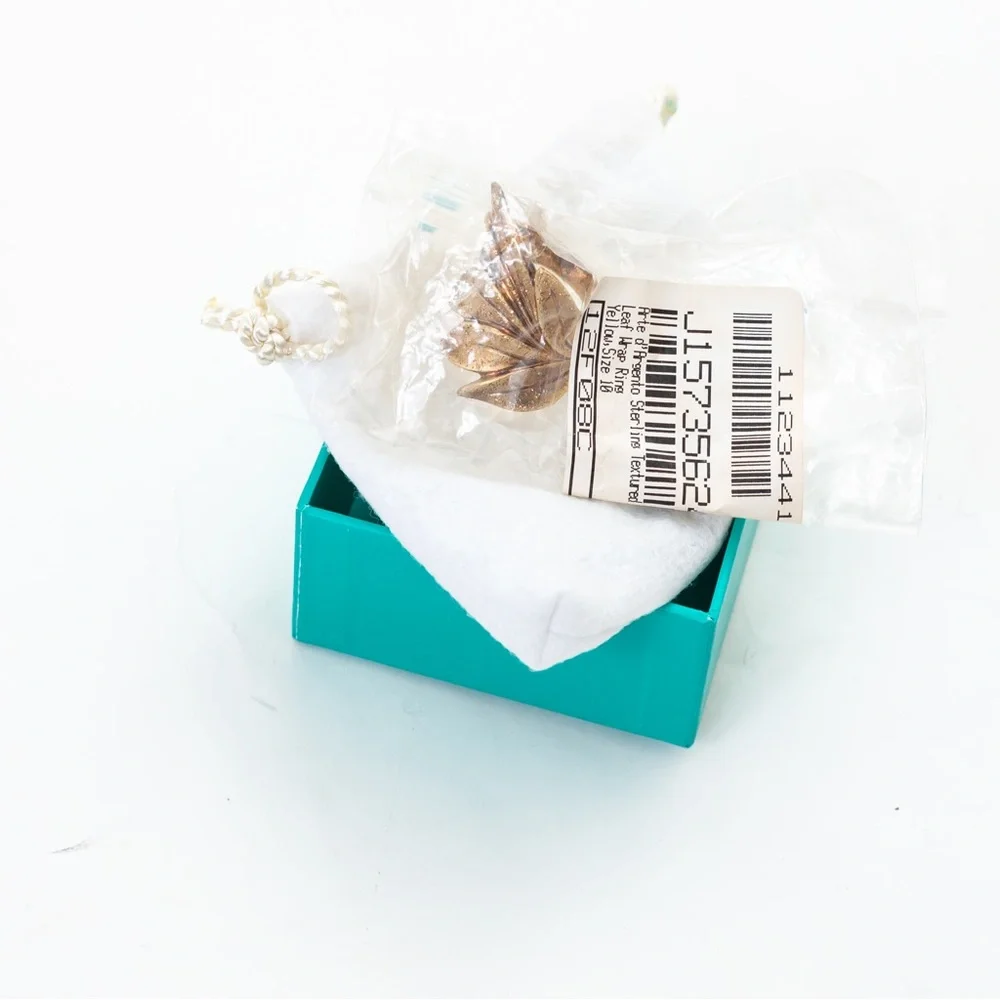 18K yellow gold over sterling silver textured leaf wrap ring 10